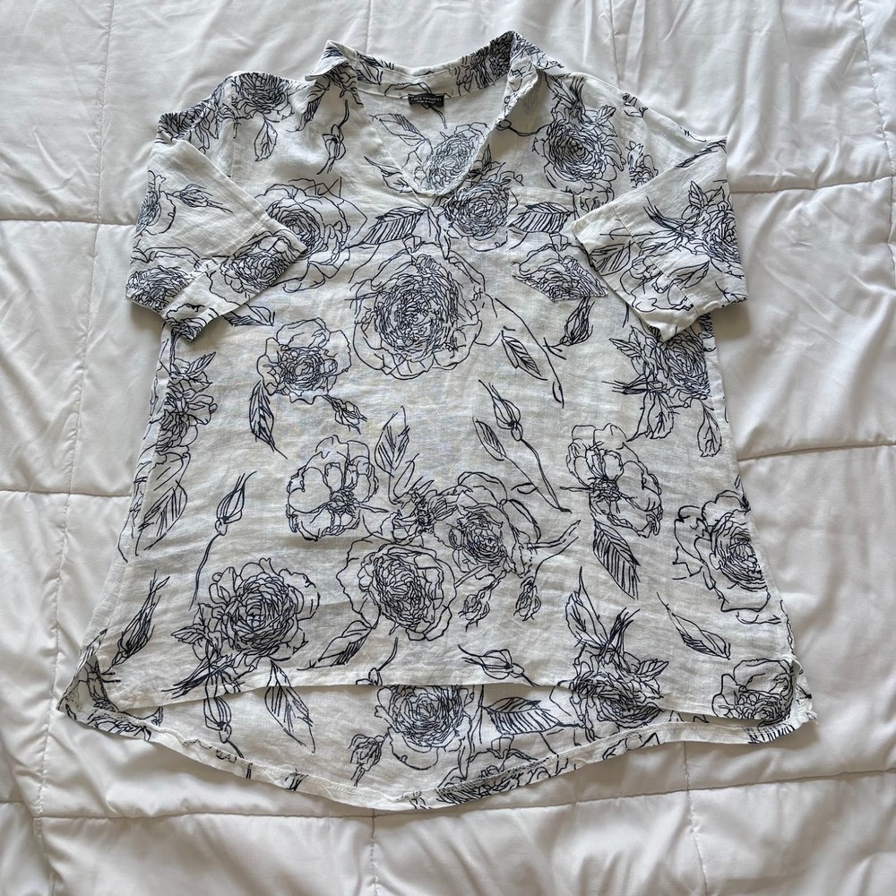 Luca Vanucci Italy Linen Floral Tunic Top White Navy Blue Short Sleeve Blouse